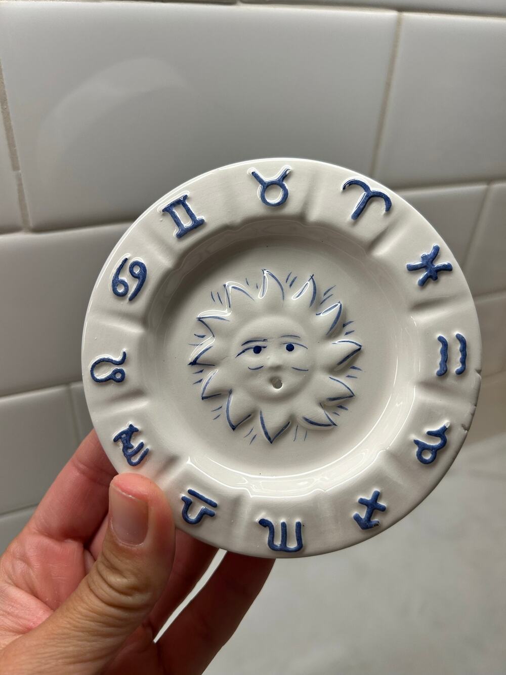Vintage Zodiac Incense Holder Ceramic Sun Face Astrology Dish Blue White
